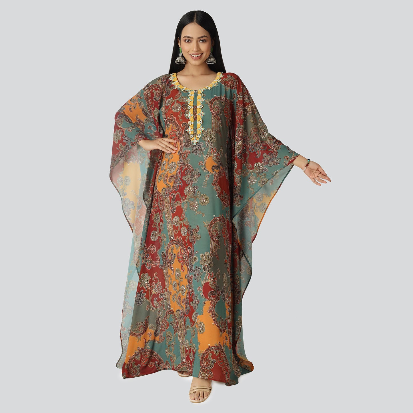 Smiling woman wearing colorful printed clothes