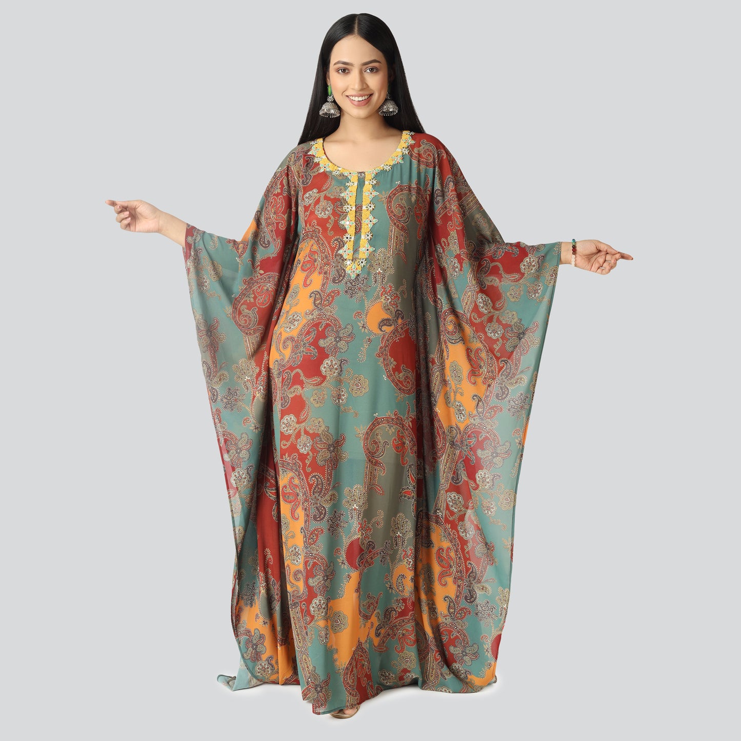 Smiling woman wearing printed clothes