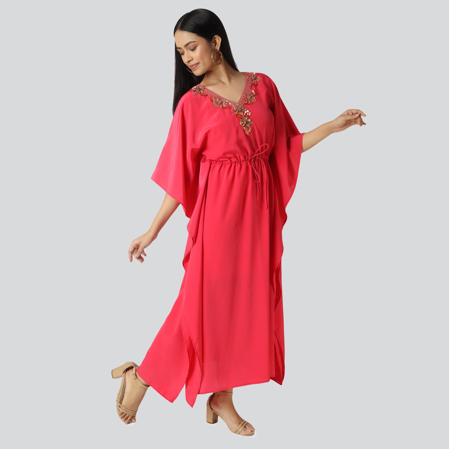 Red color kaftan dress wearing lady