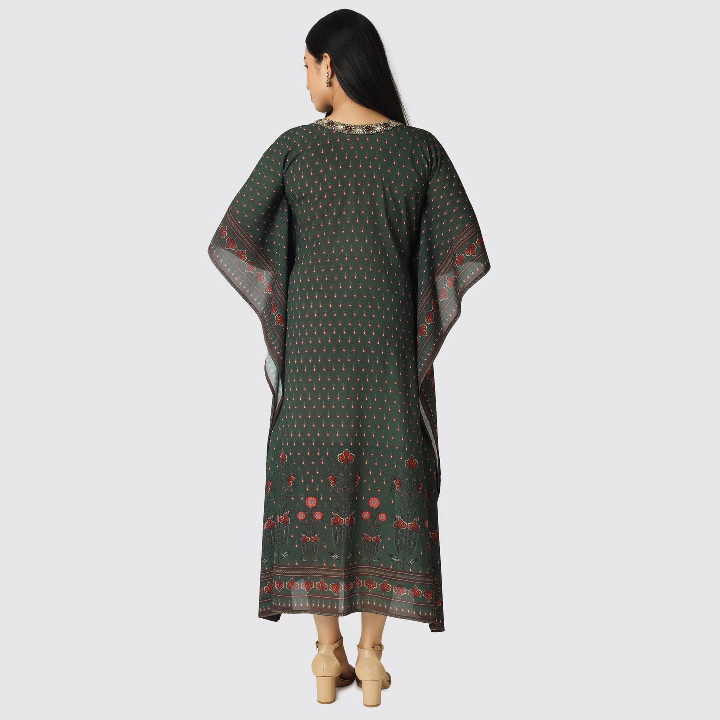 Printed Kaftan with Embroidered Neckline