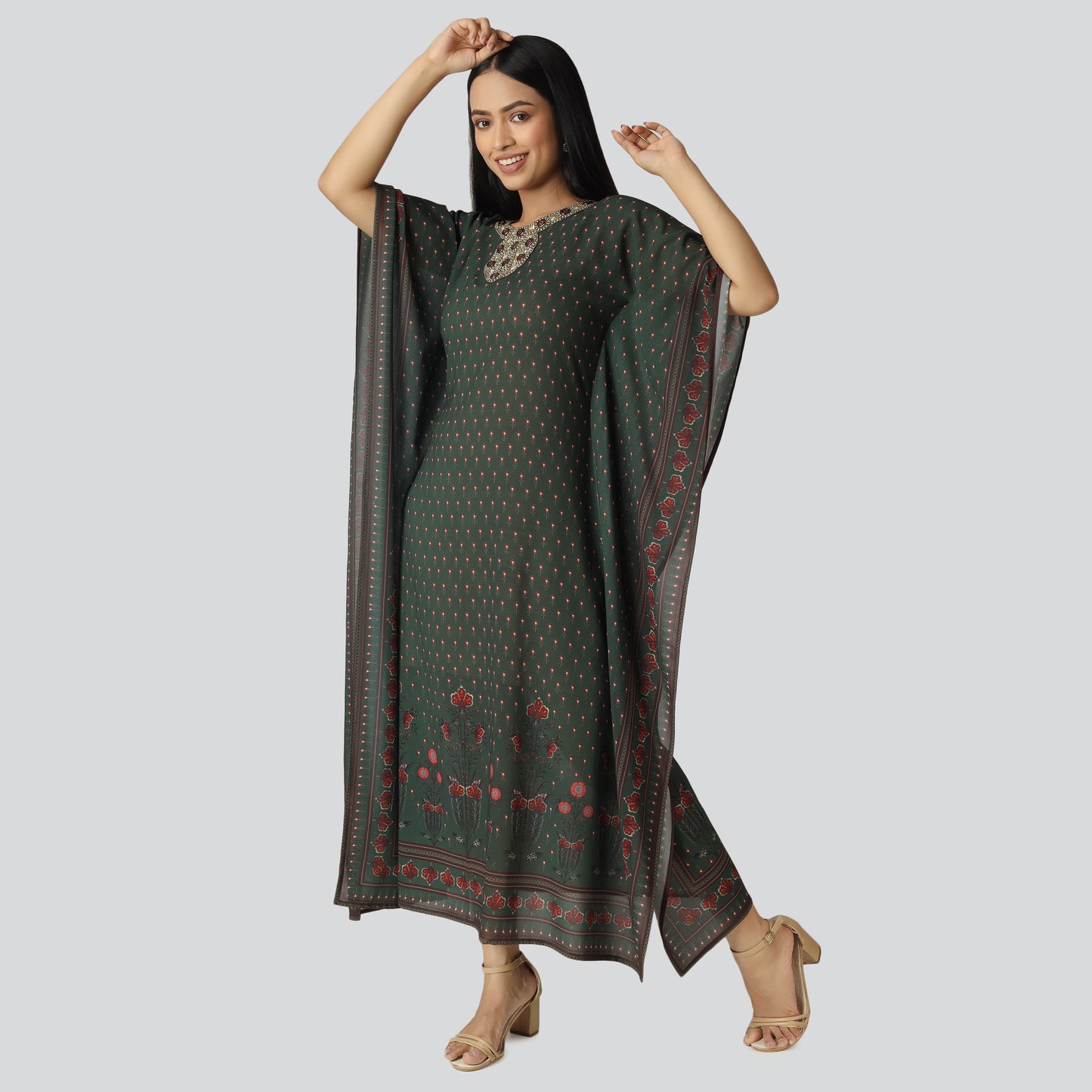 Printed Kaftan with Embroidered Neckline