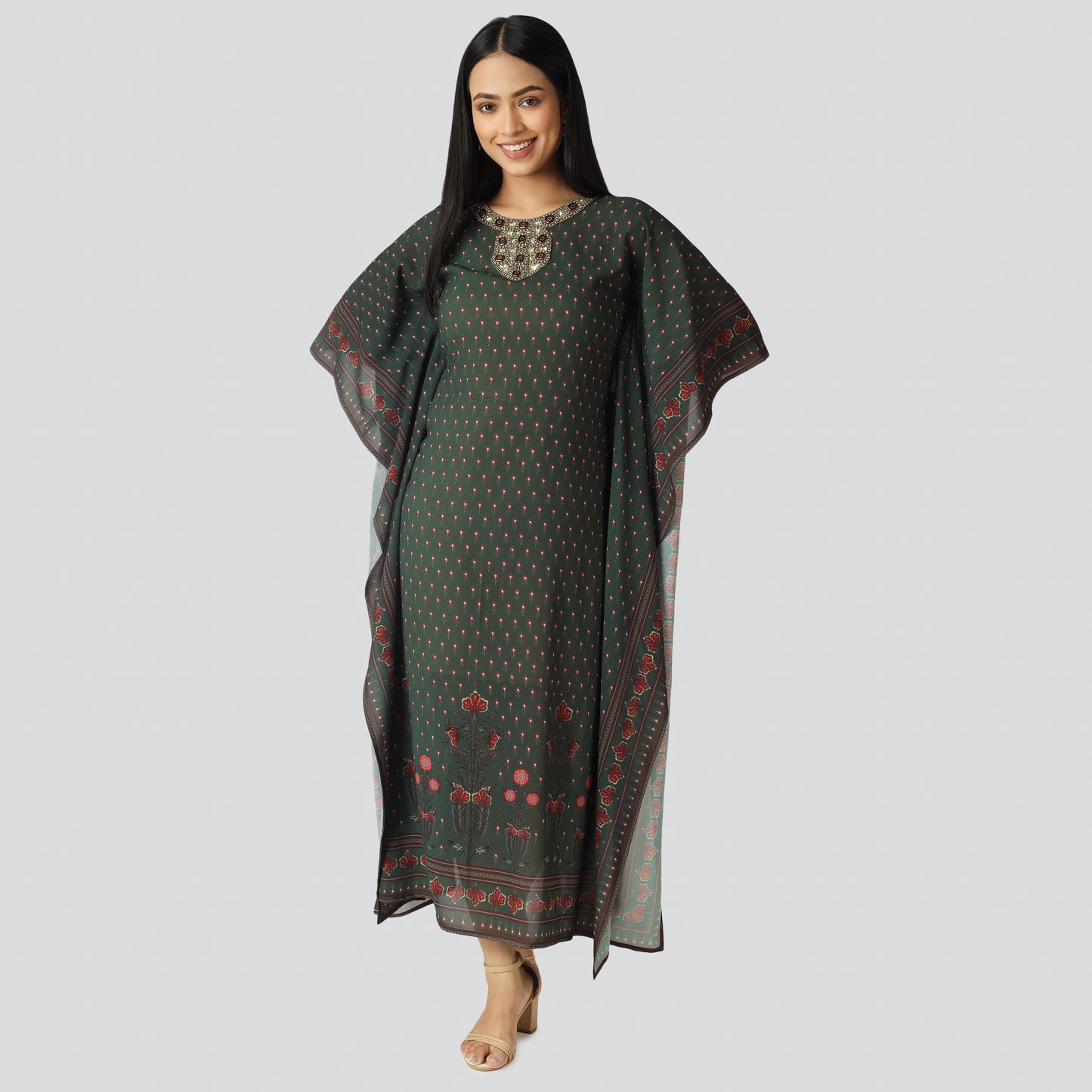 Printed Kaftan with Embroidered Neckline