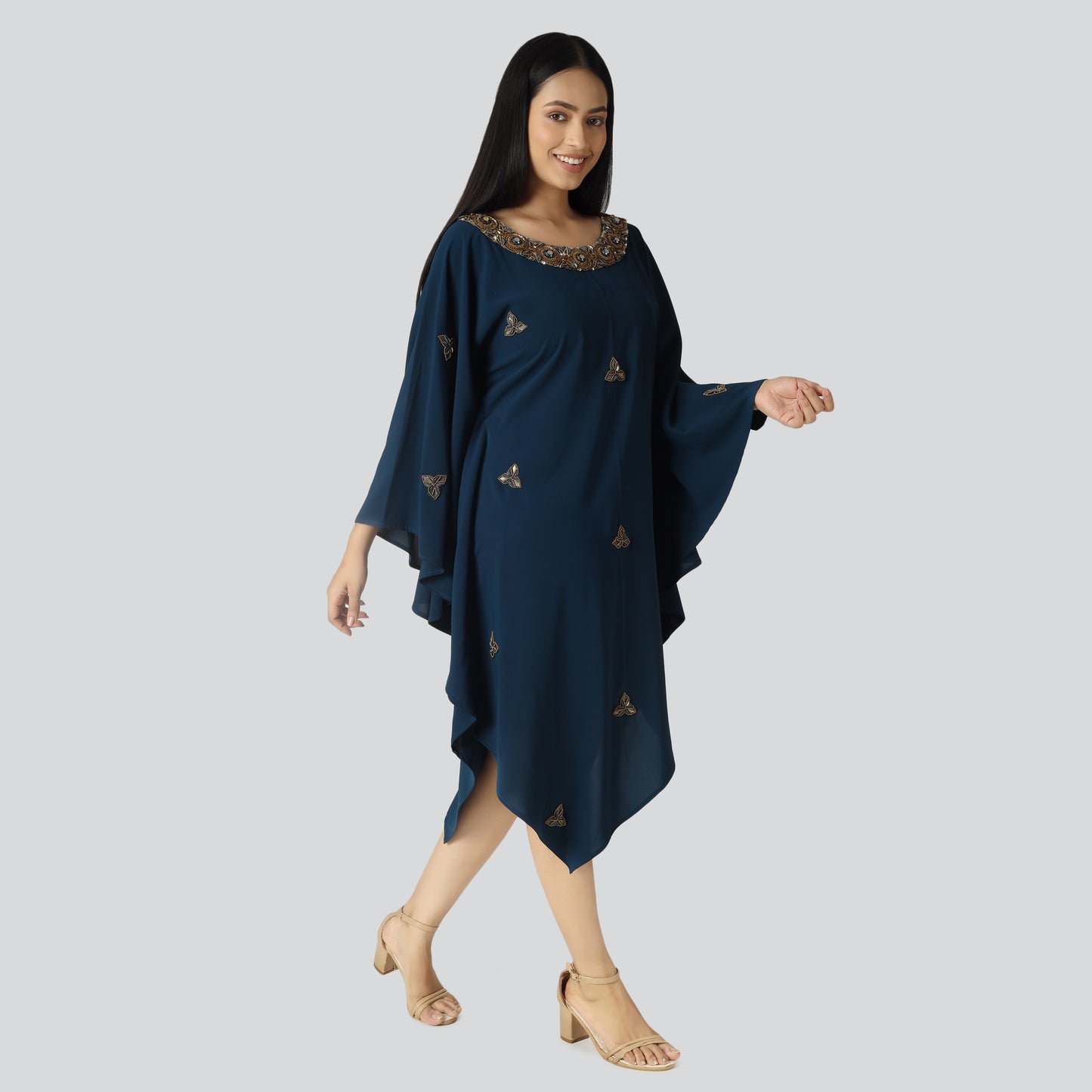 Smiling woman wearing navy blue clothes