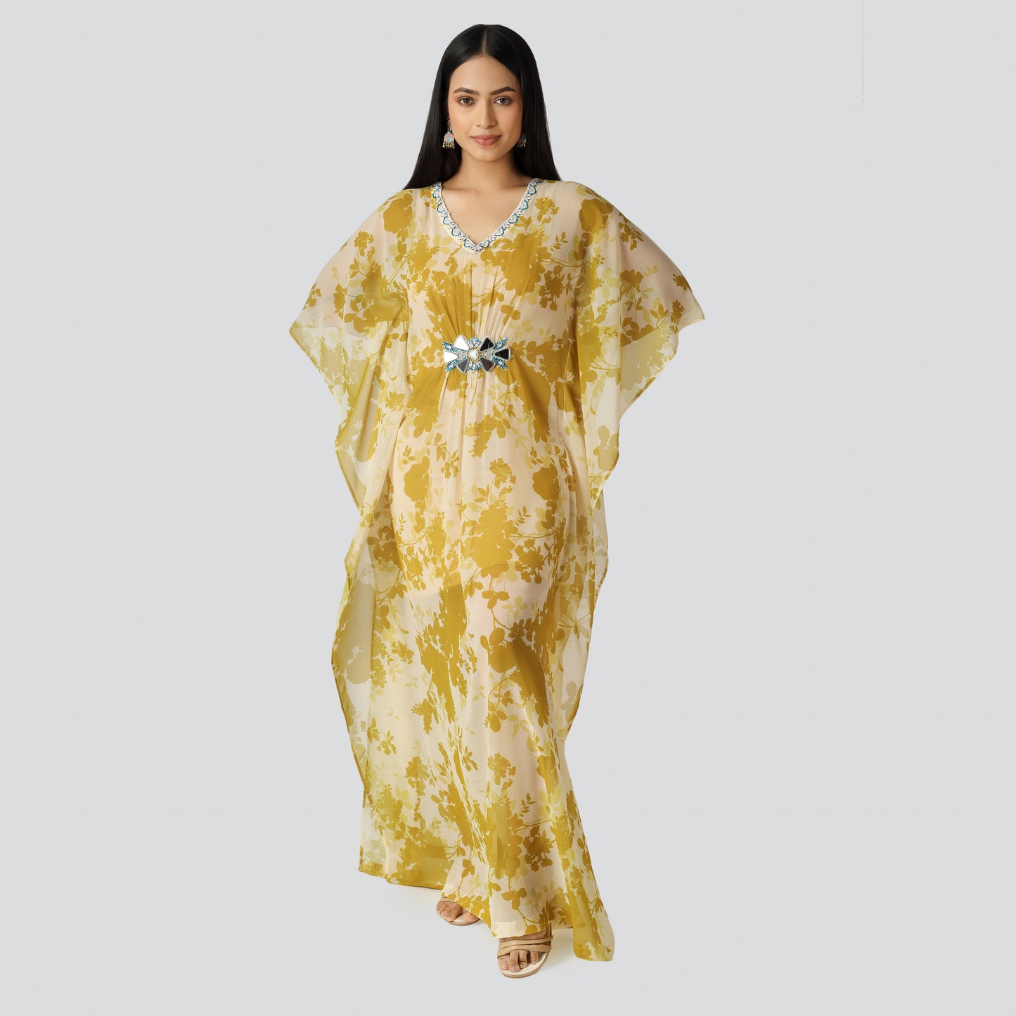 V neck long dress wearing lady