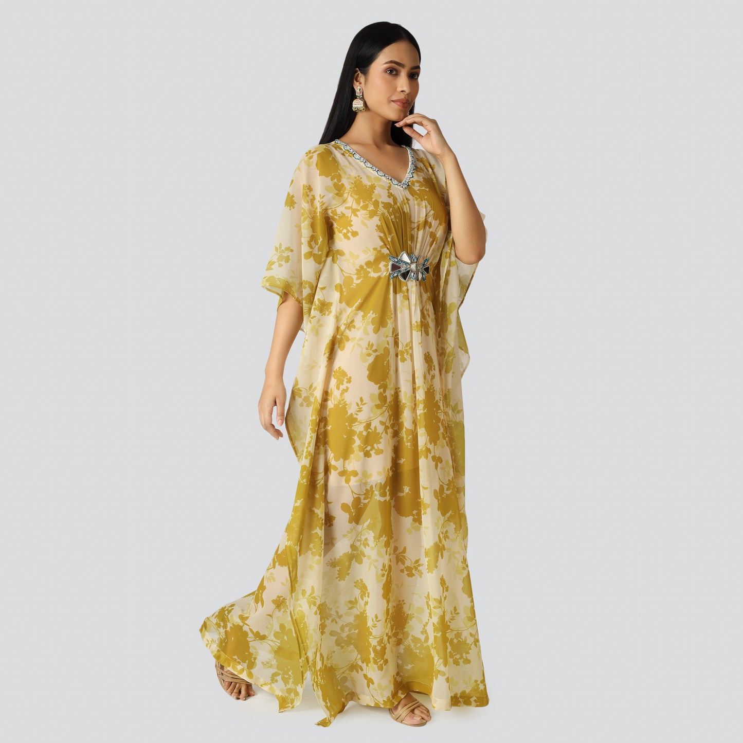 Long yellow color v neck dress wearing lady