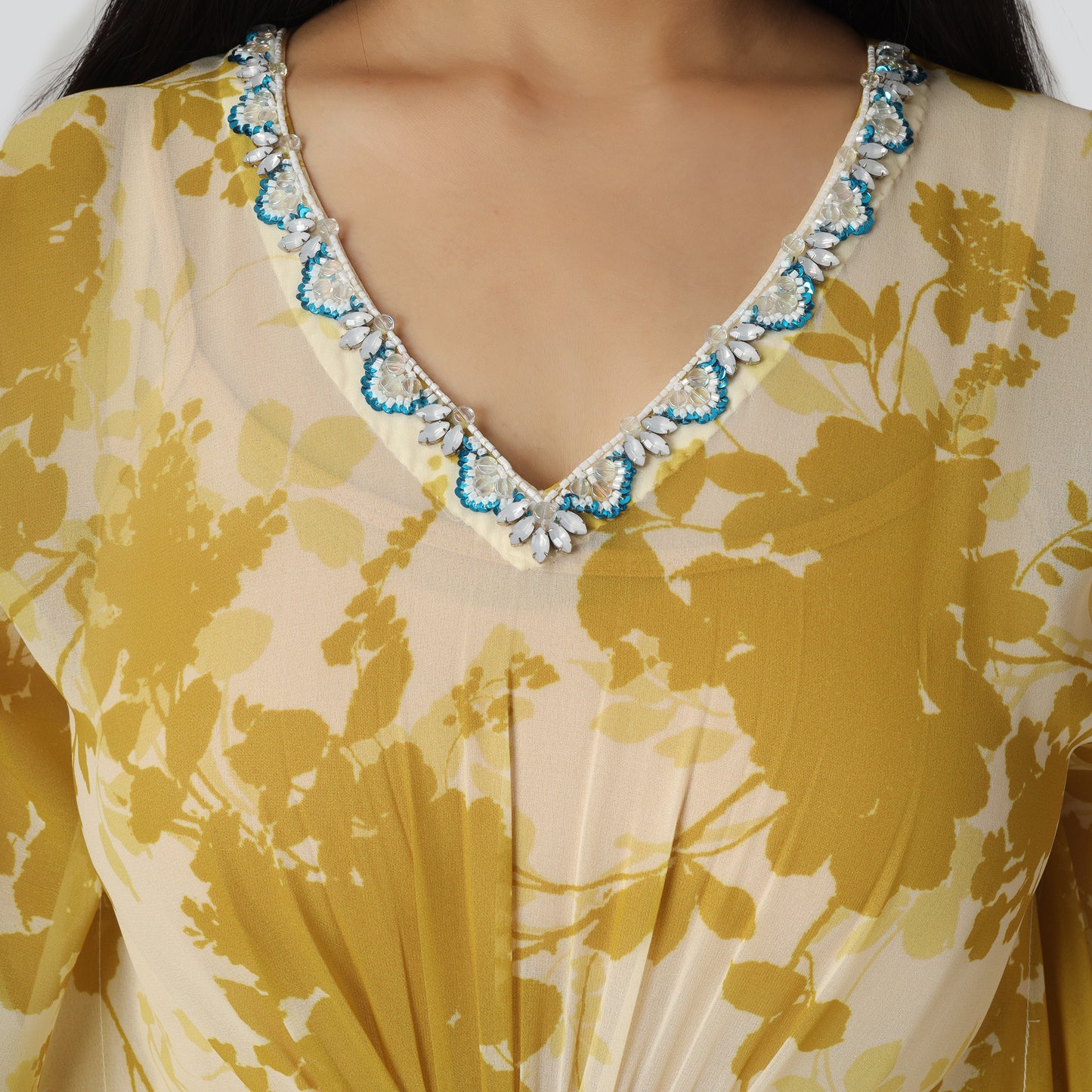 Printed off white v neck yellow dress