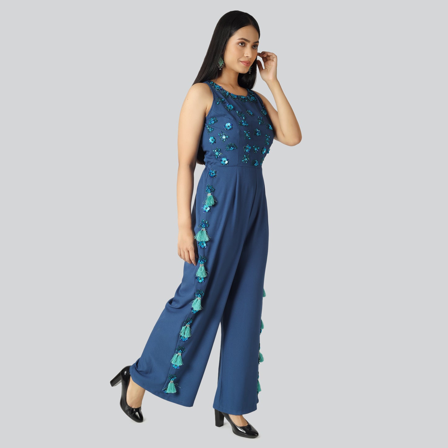 Girl wearing stylish blue dress