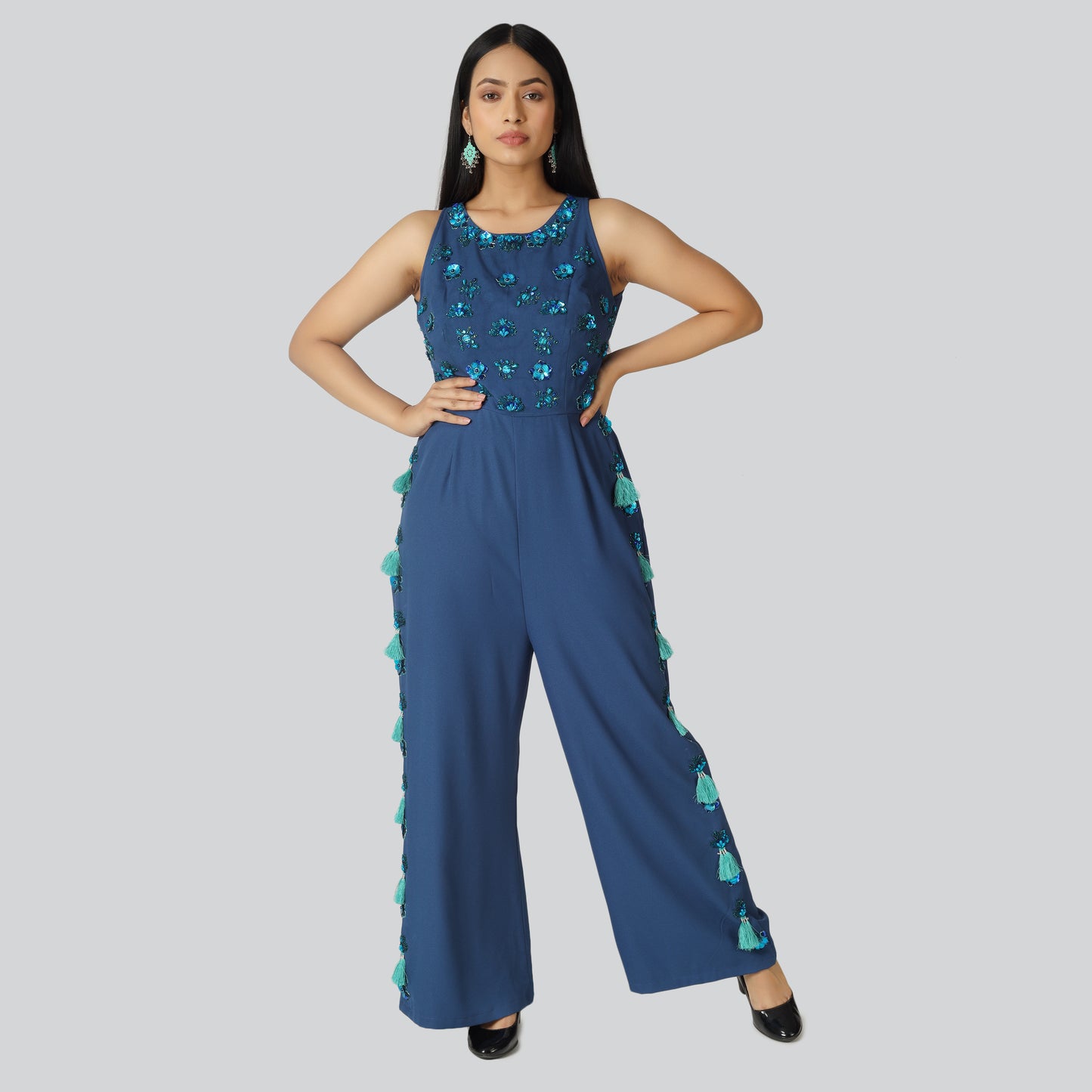 Girl in blue jumpsuit