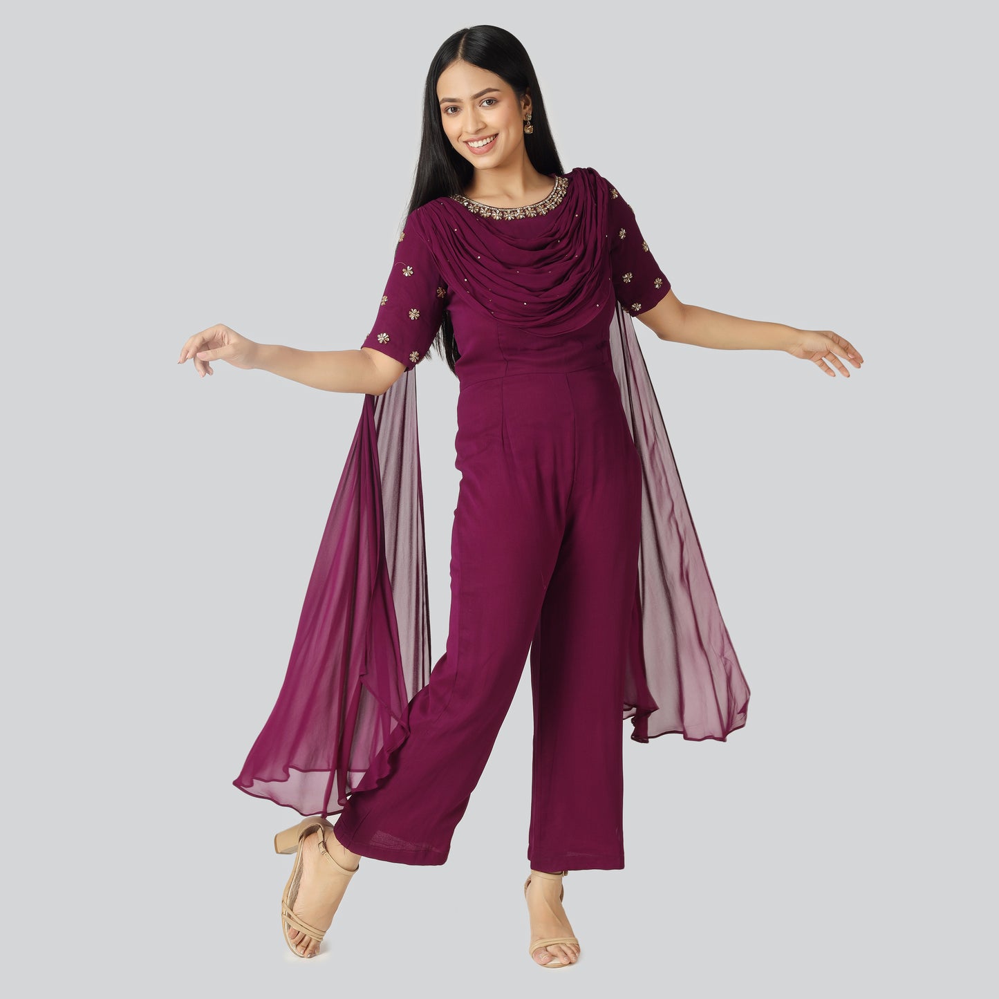 Smiling girl in purple color clothes