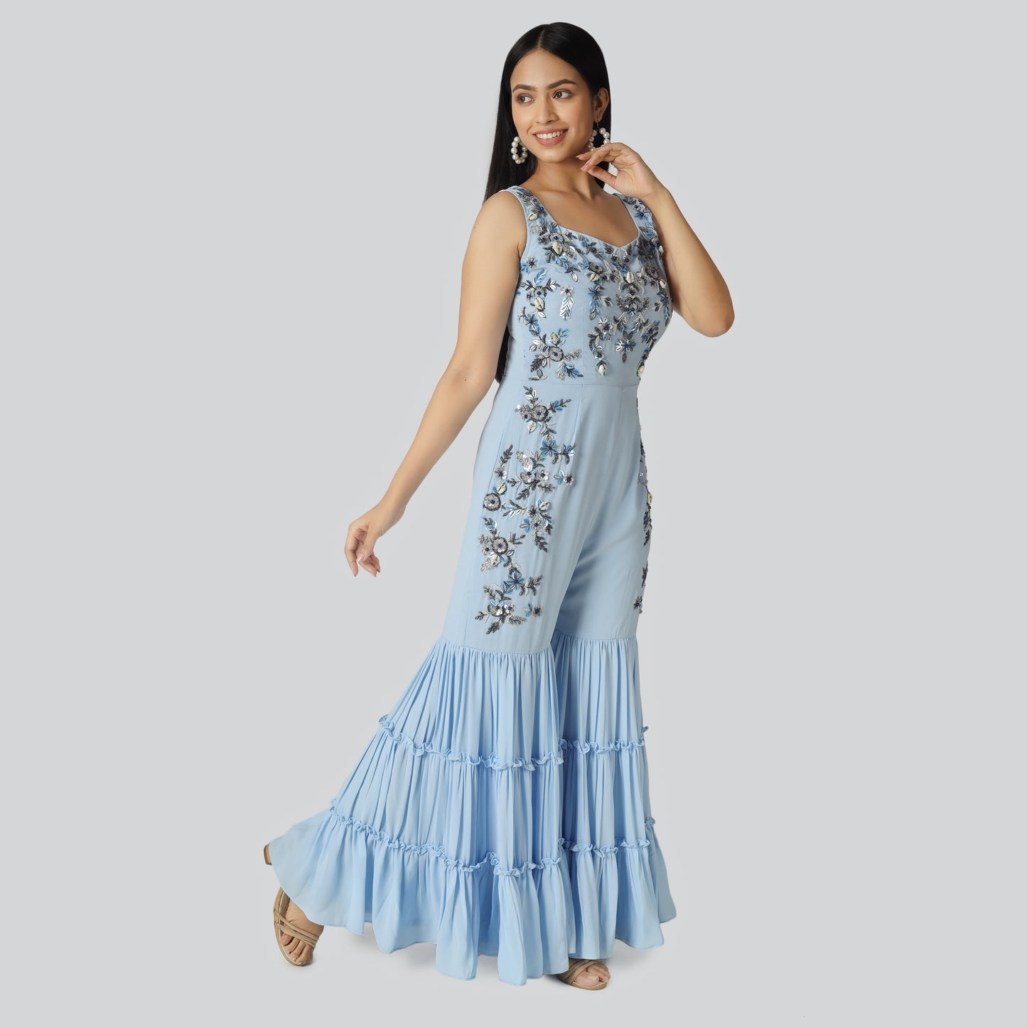 Blue jumpsuit wearing lady