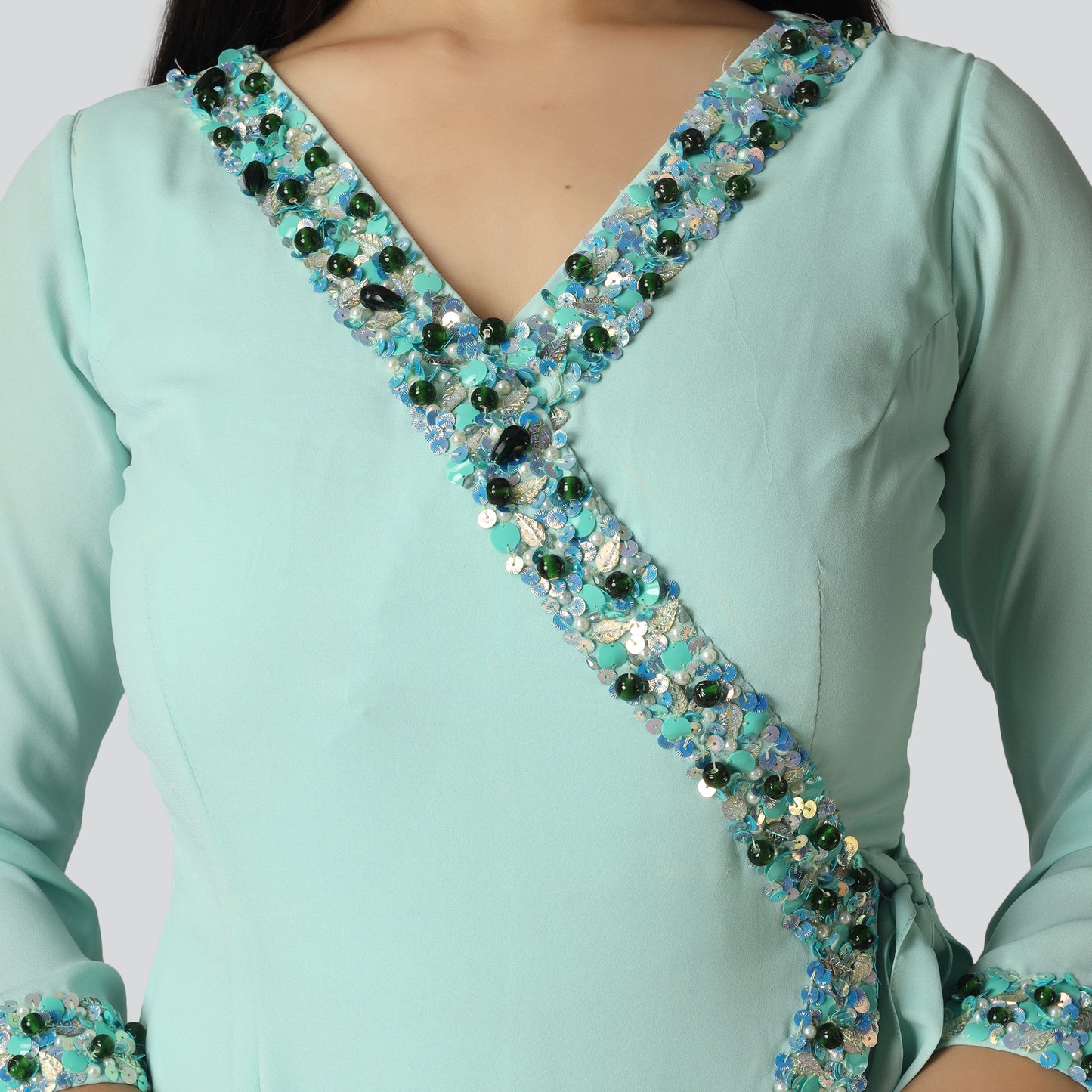 Light green achkan suit close look