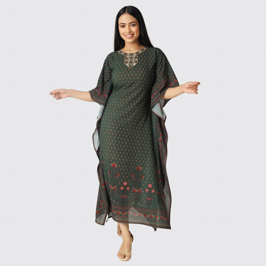 Smiling girl wearing printed kaftan cloth