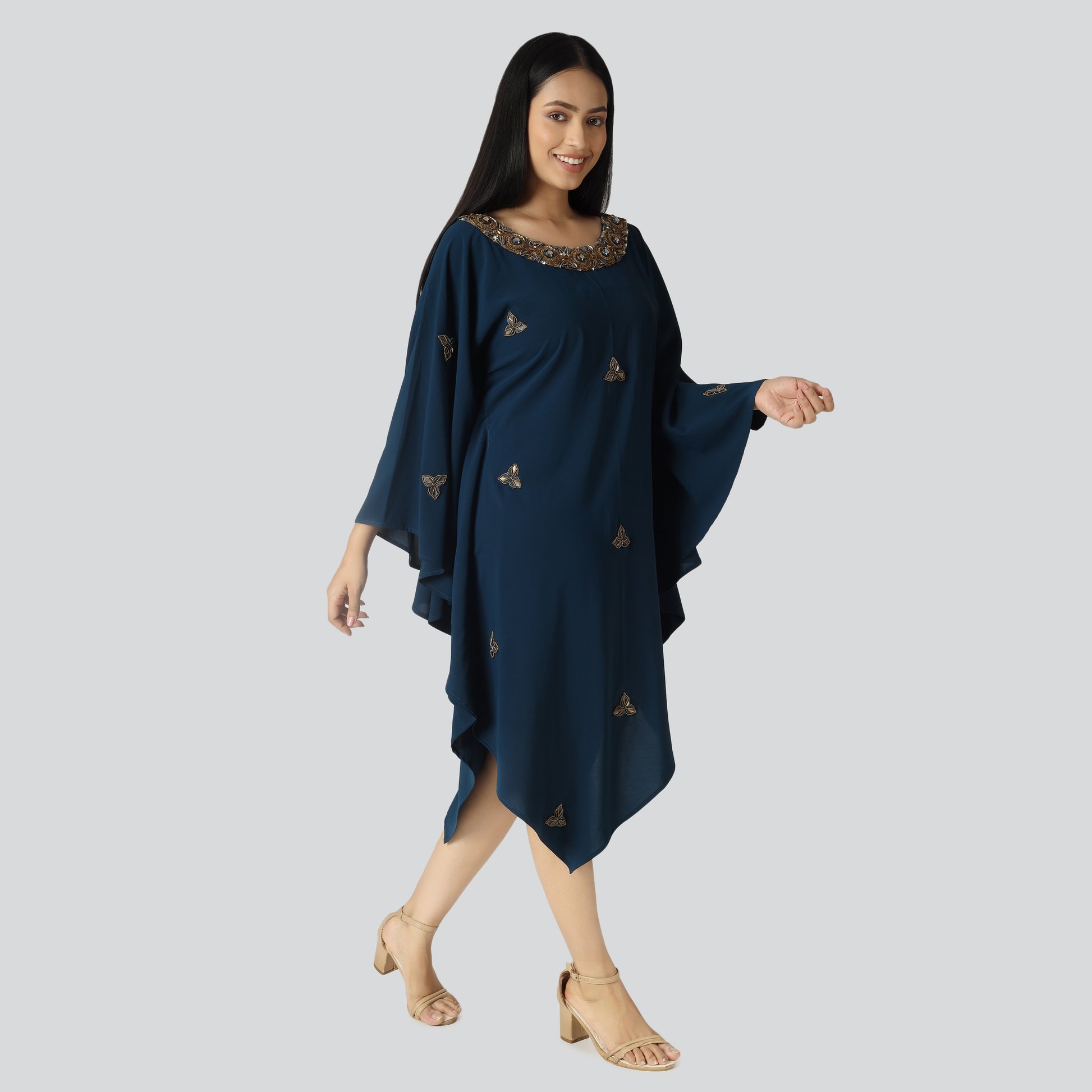 Smiling woman wearing navy blue clothes