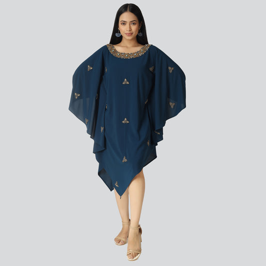 Woman wearing knee length kaftan dress