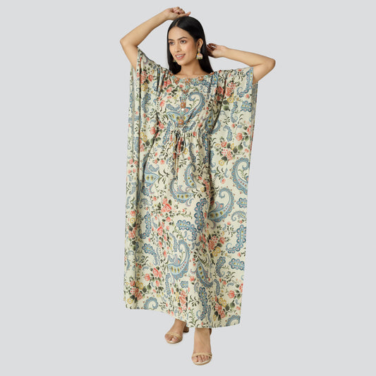 A stylish loose printed dress wearing lady
