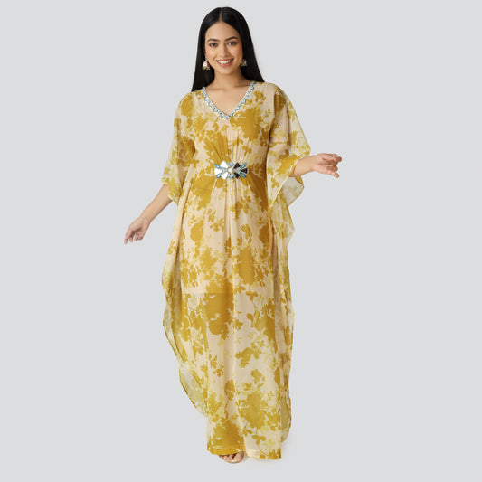 Printed yellow kaftan dress wearing smiling lady