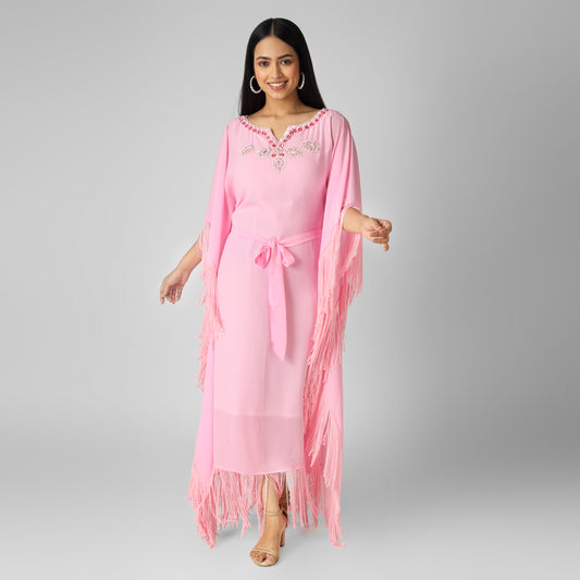 Happy lady in pink dress