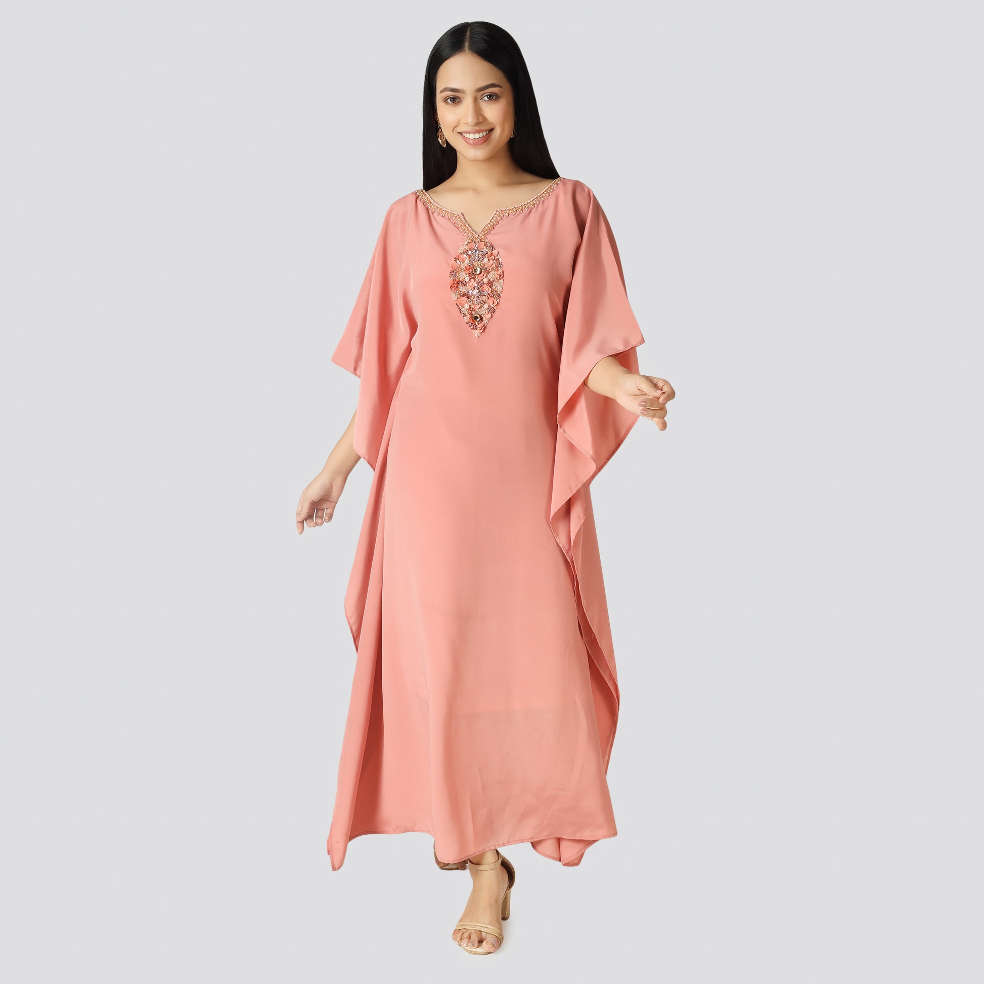 Dusty Pink Kaftan with Hand Embroidery on Neck – Her Highness By Richa Dusty Pink Kaftan with Hand Embroidery on Neck – Her Highness By Richa
