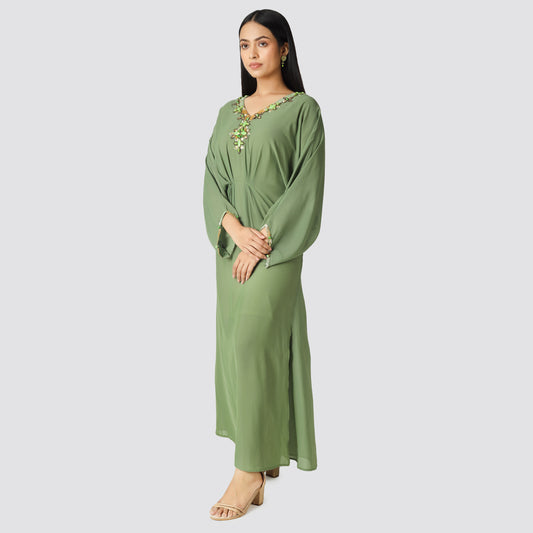 Grey colour dress wearing standing lady