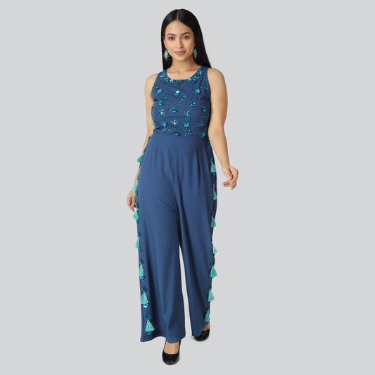 Girl wearing navy blue dress and smiling