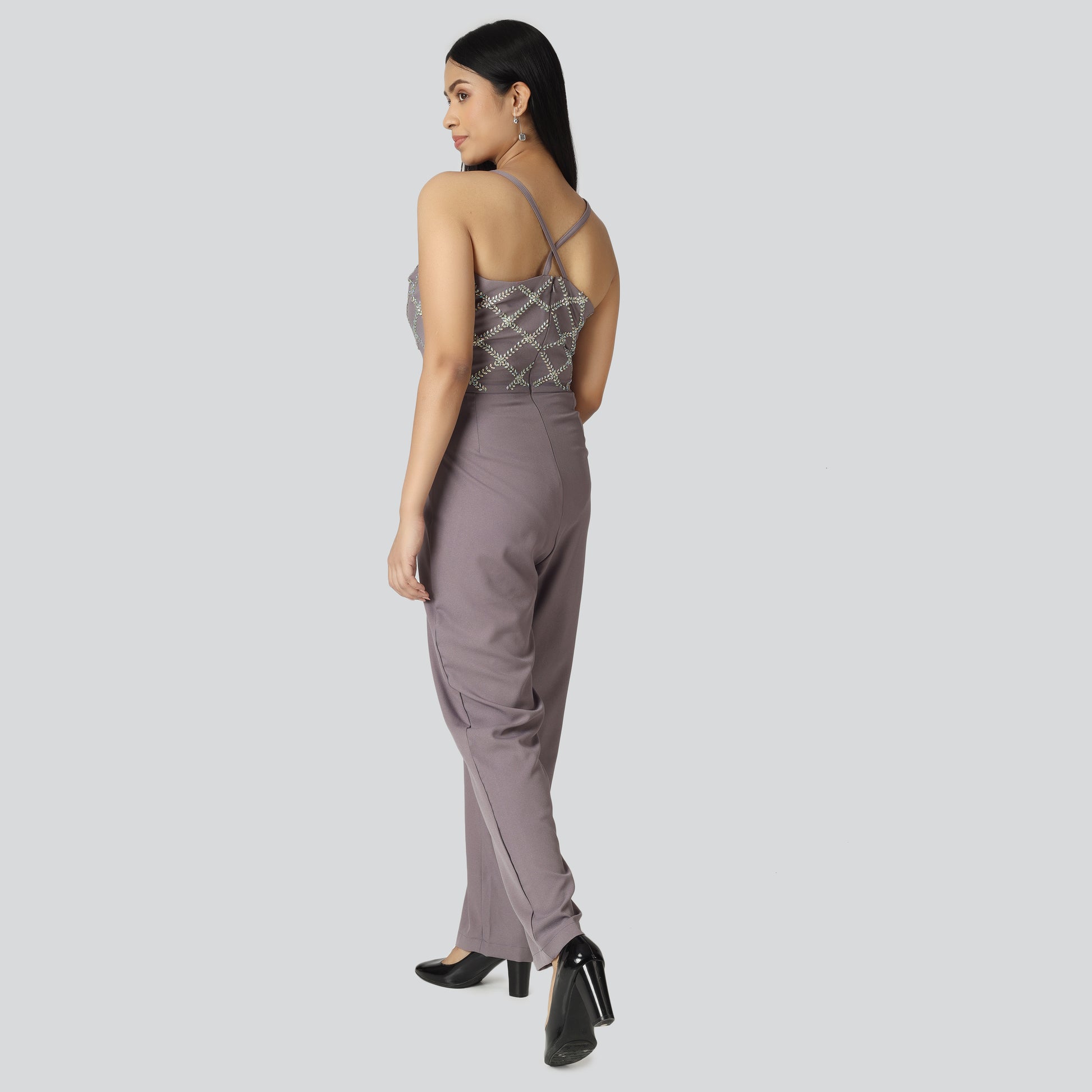 Backless jumpsuit wearing lady