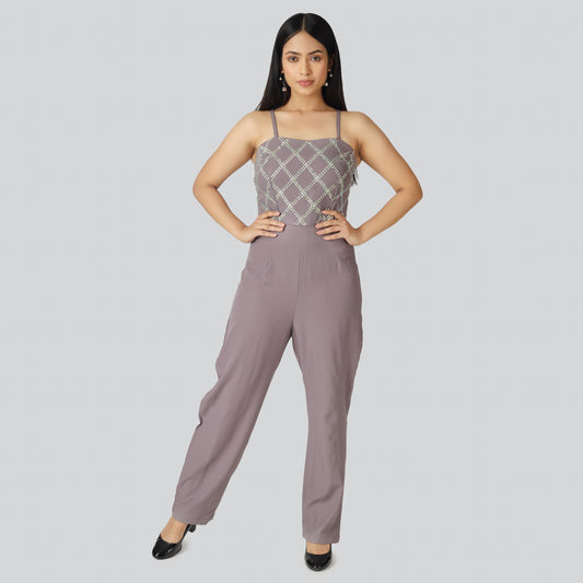 Grey mauve jumpsuit wearing lady