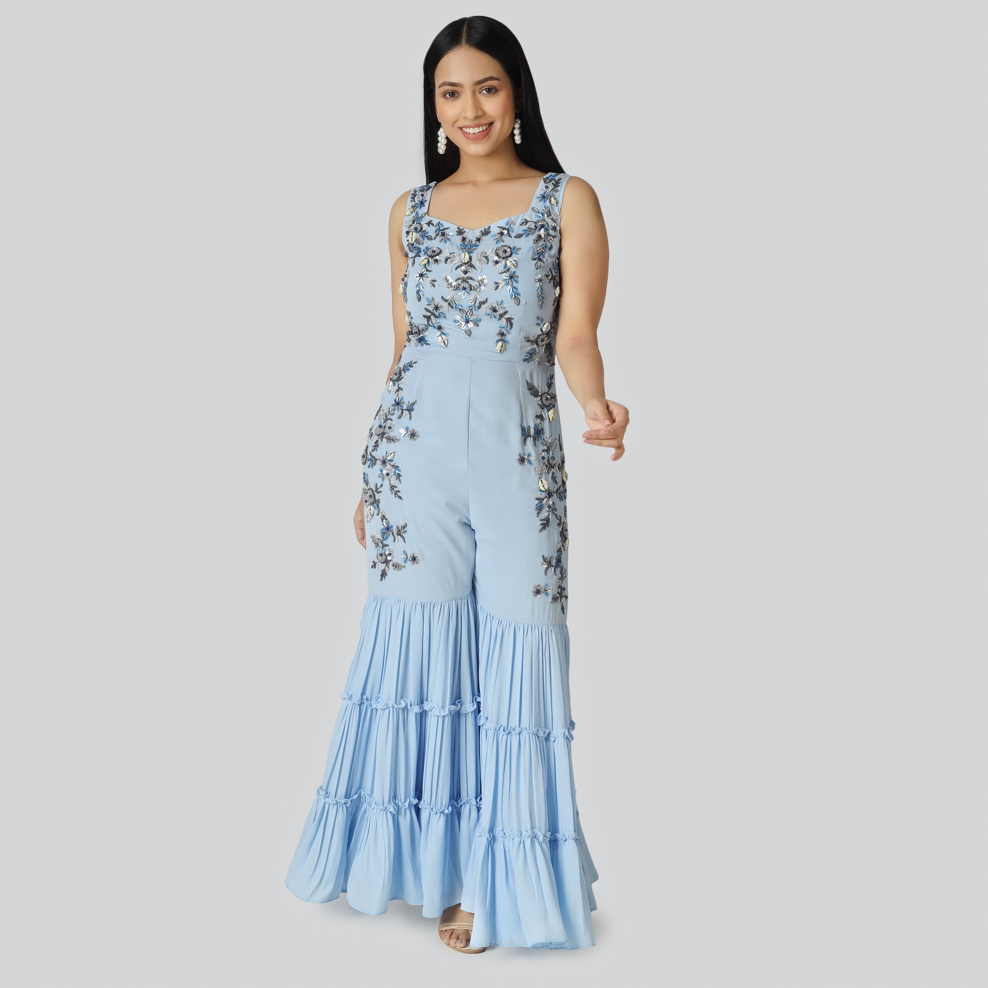 Smiling girl wearing blue suit