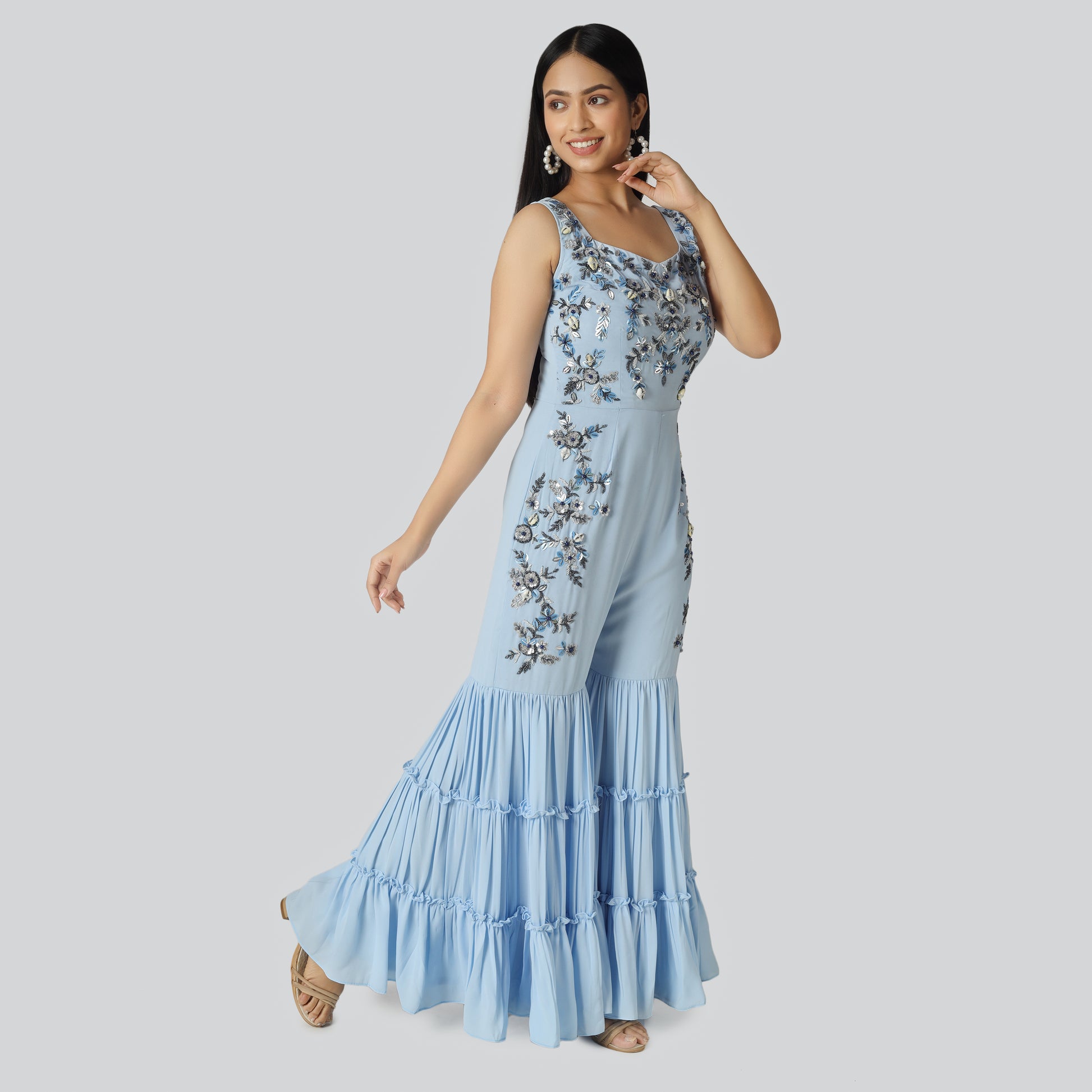 Blue jumpsuit wearing lady