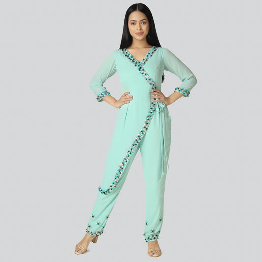 A beautiful Indian girl wearing sea green Achkan Style Jumpsuit