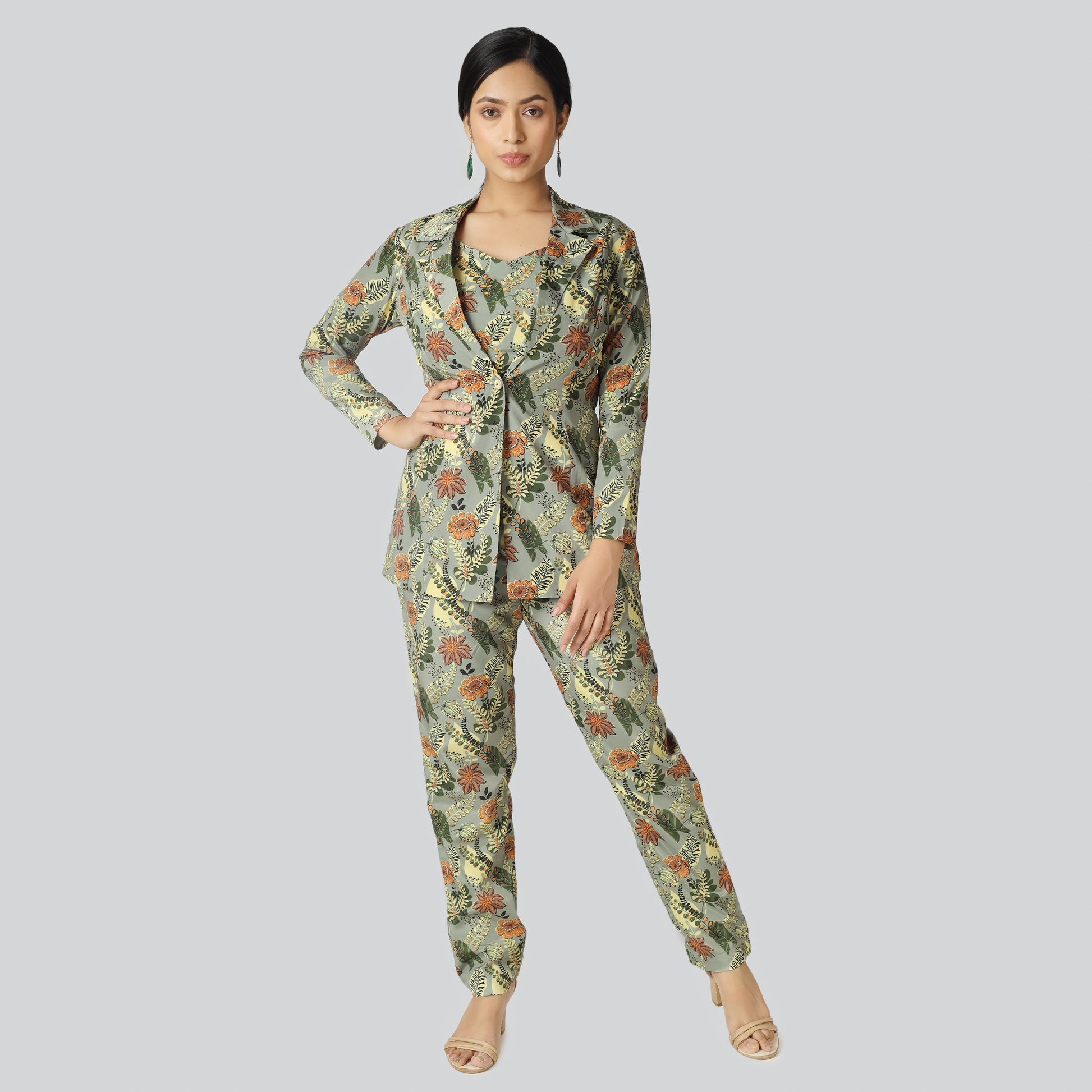 Stylish Indo Western printed pant suit wearing girl