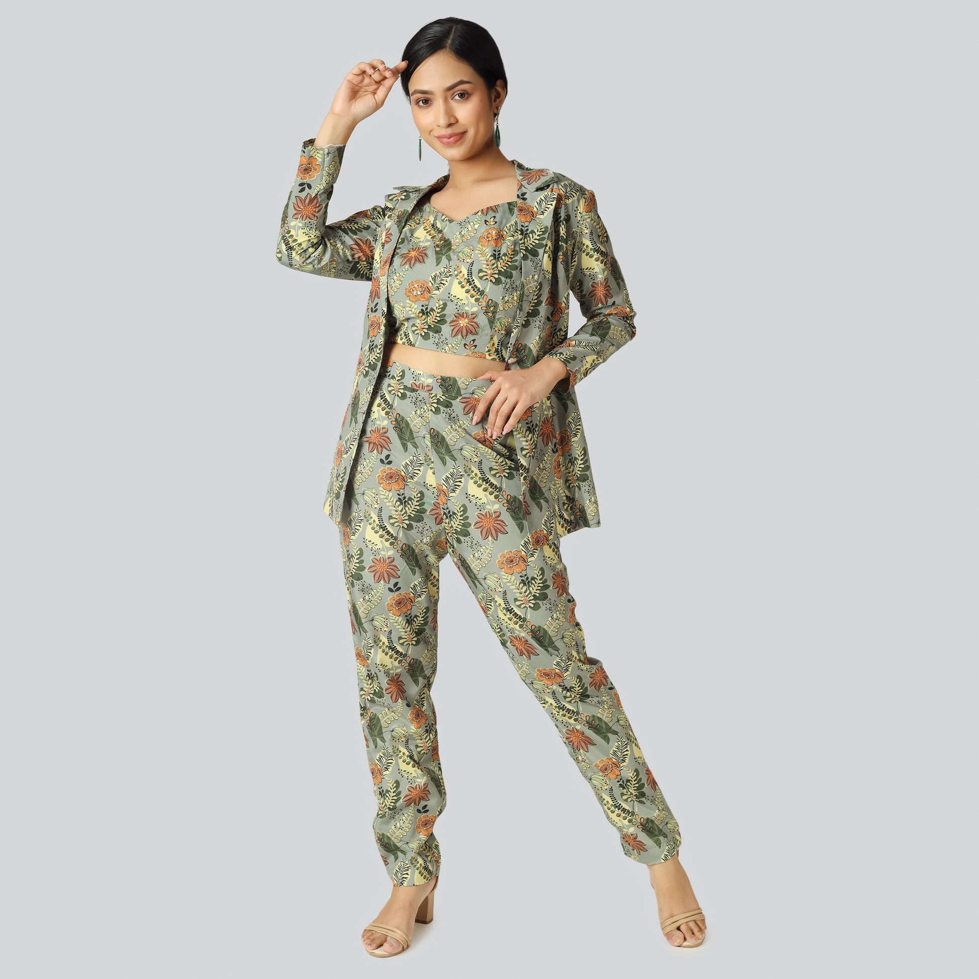 A girl in official printed pant suit 