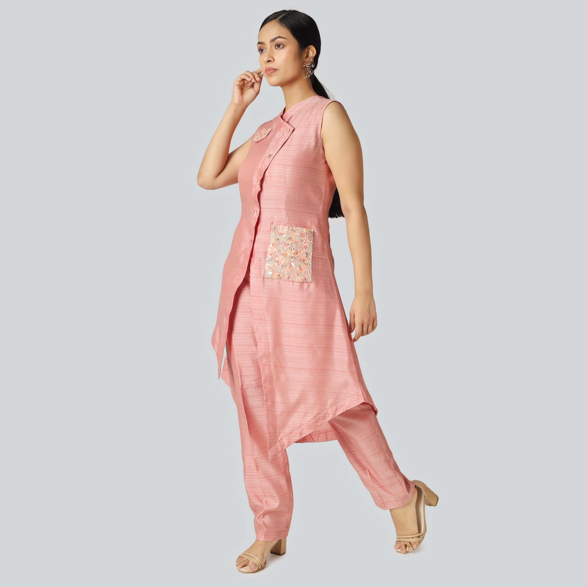 Girl in pink silk co-ordinate 